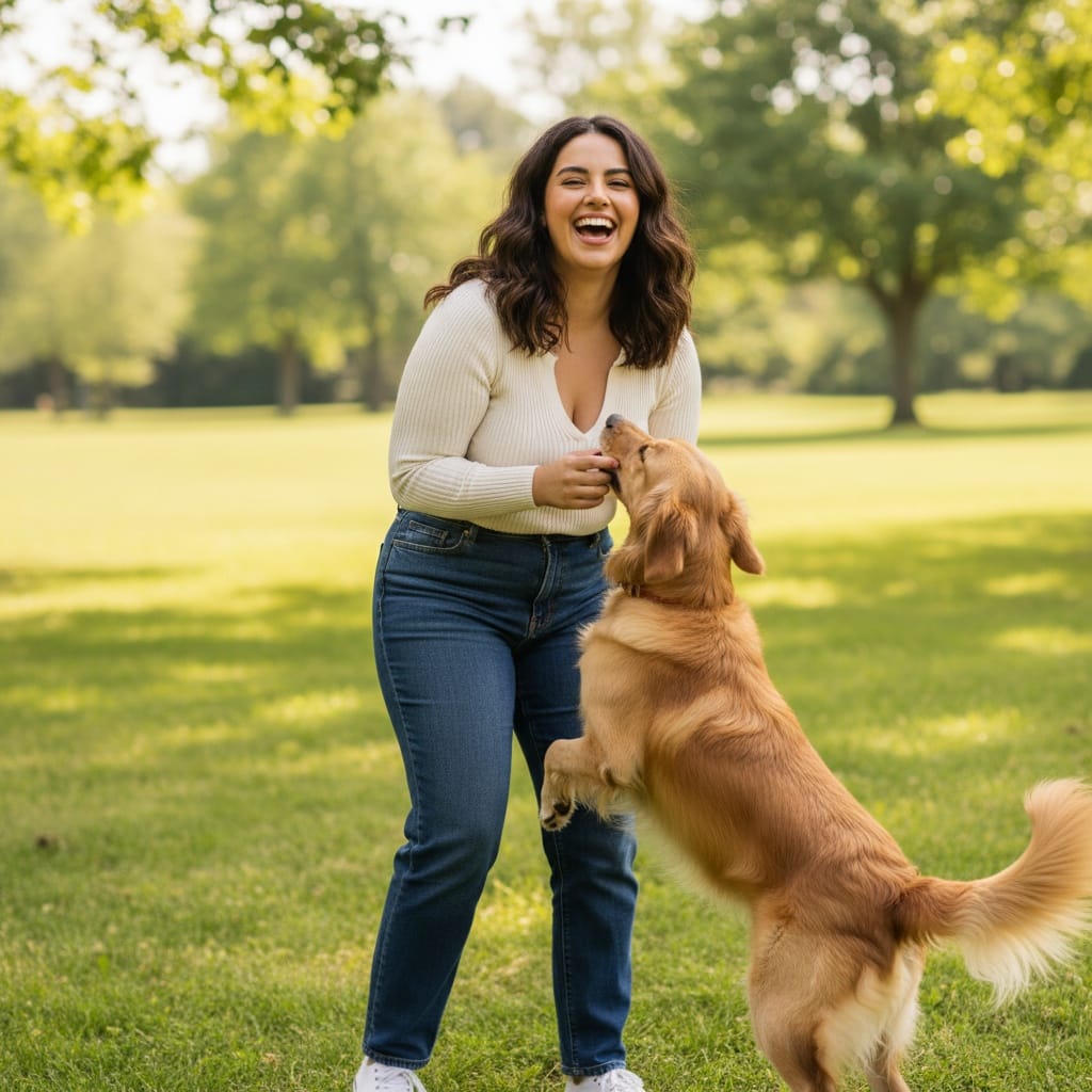 curve middle_eastern woman dog park pet lover 11337305