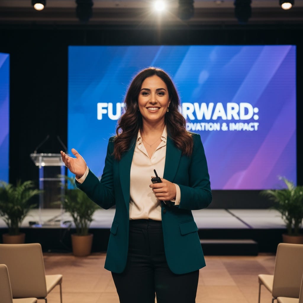 curve middle_eastern woman keynote speaker on stage 65161090