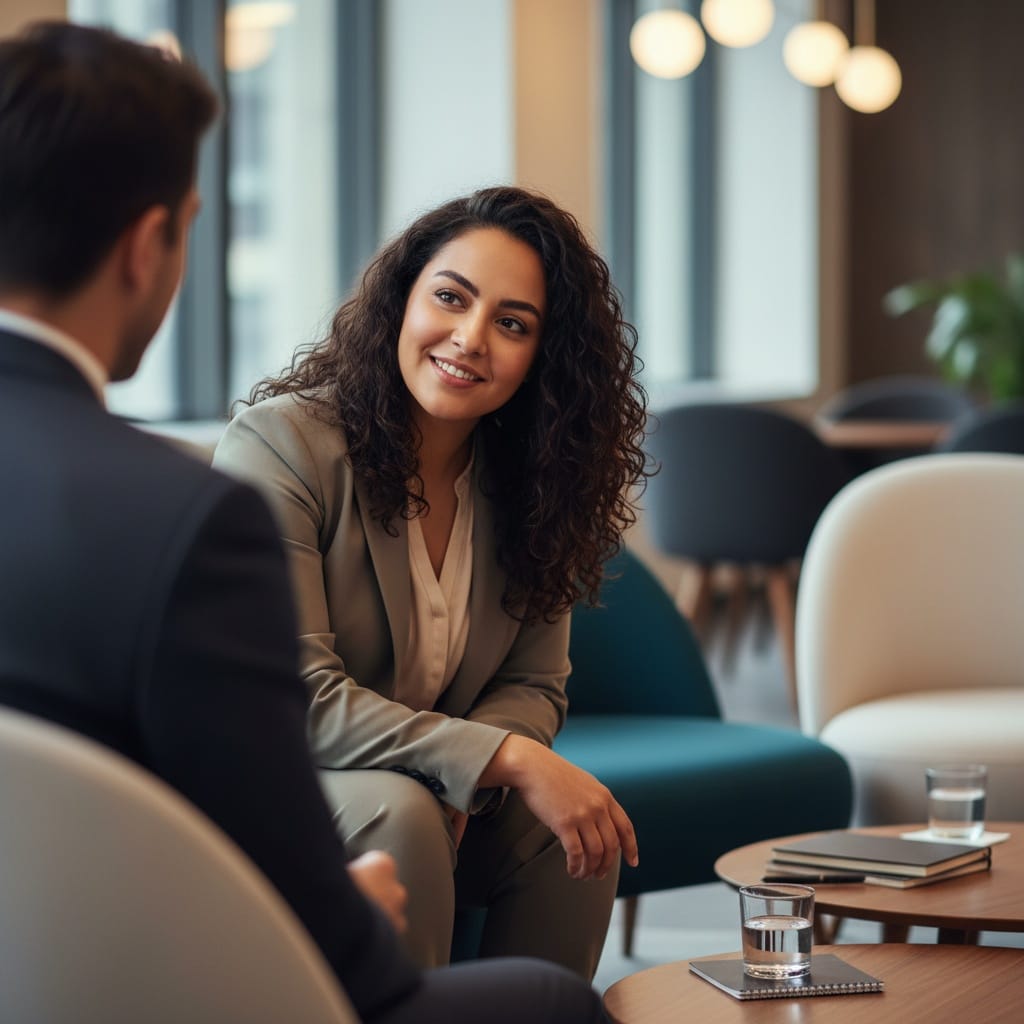 curve middle_eastern woman one on one meeting space 56092162