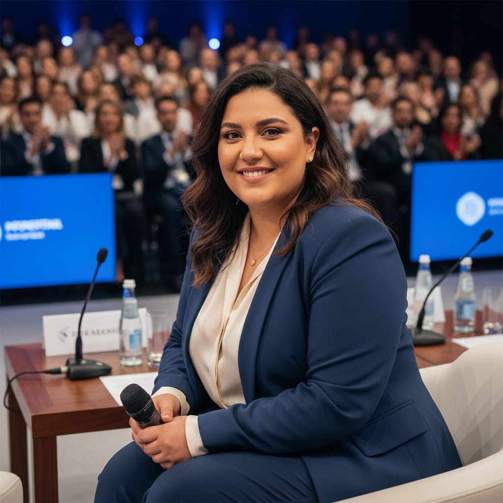 curve middle_eastern woman panel discussion seated 98637601