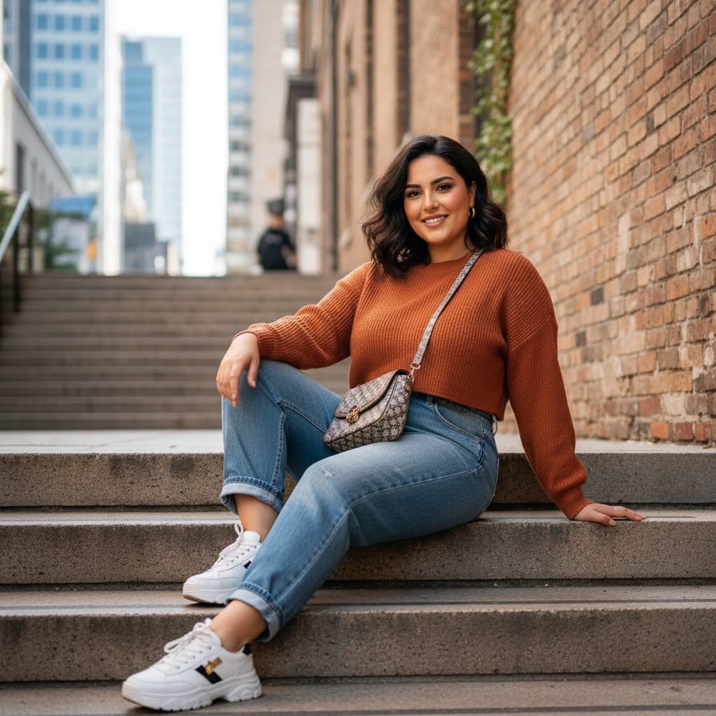 curve middle_eastern woman sitting steps casual 98389242