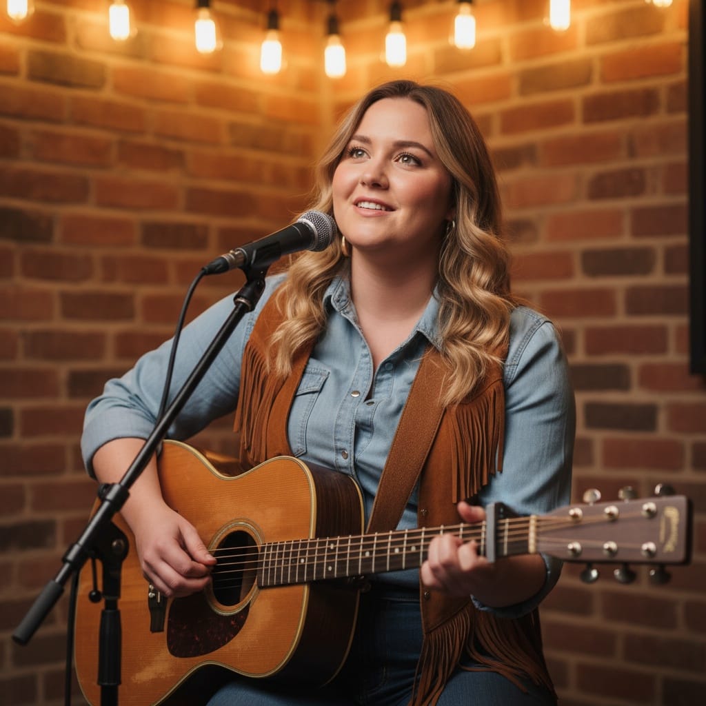 curve white woman acoustic corner intimate setting 10541309