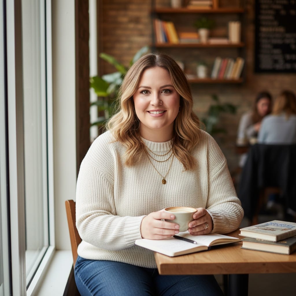 curve white woman coffee shop casual setting 46313091