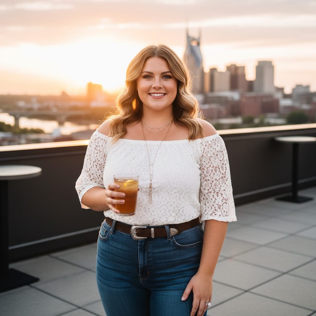curve white woman rooftop bar skyline view 89385472