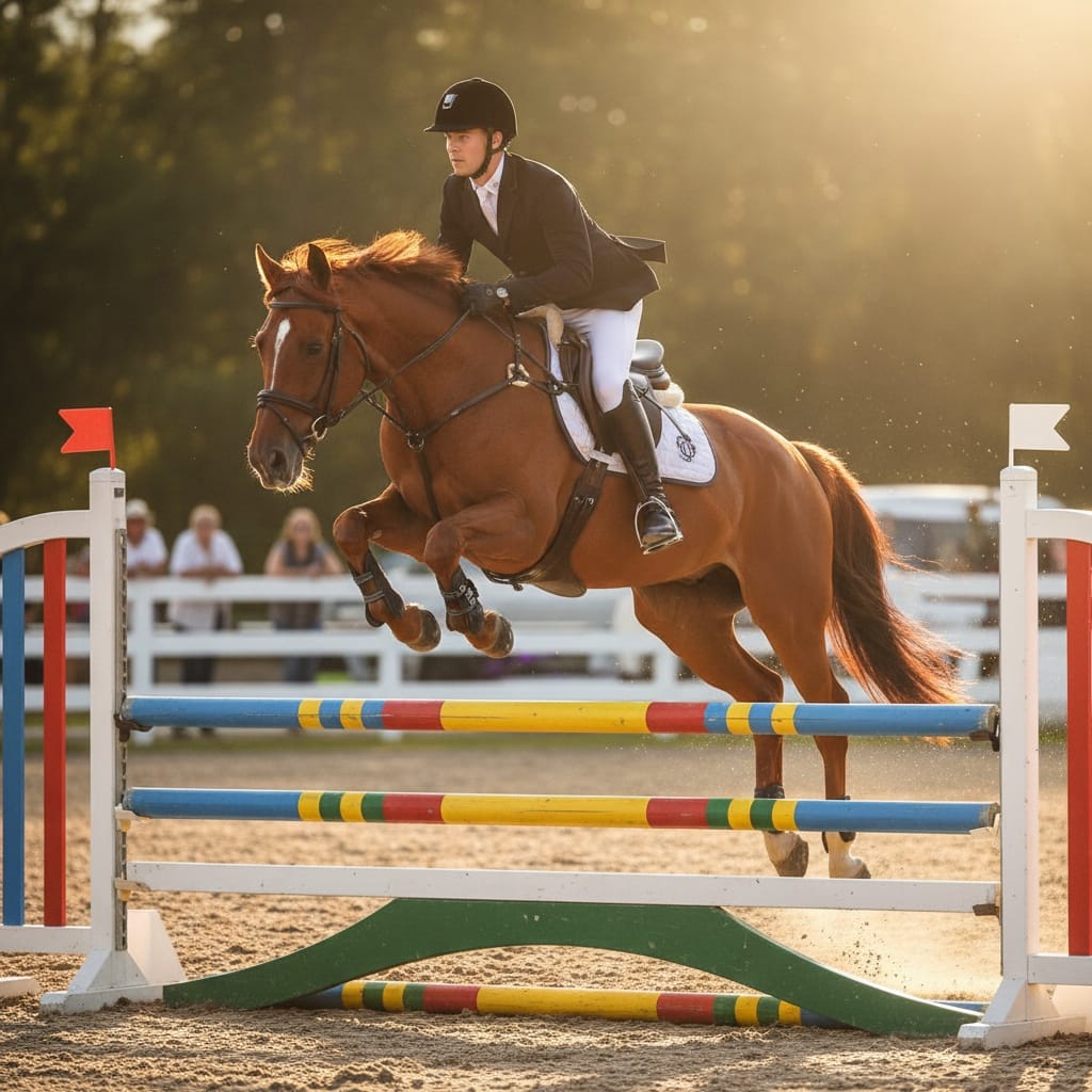 jumping over oxer mid flight 49807095