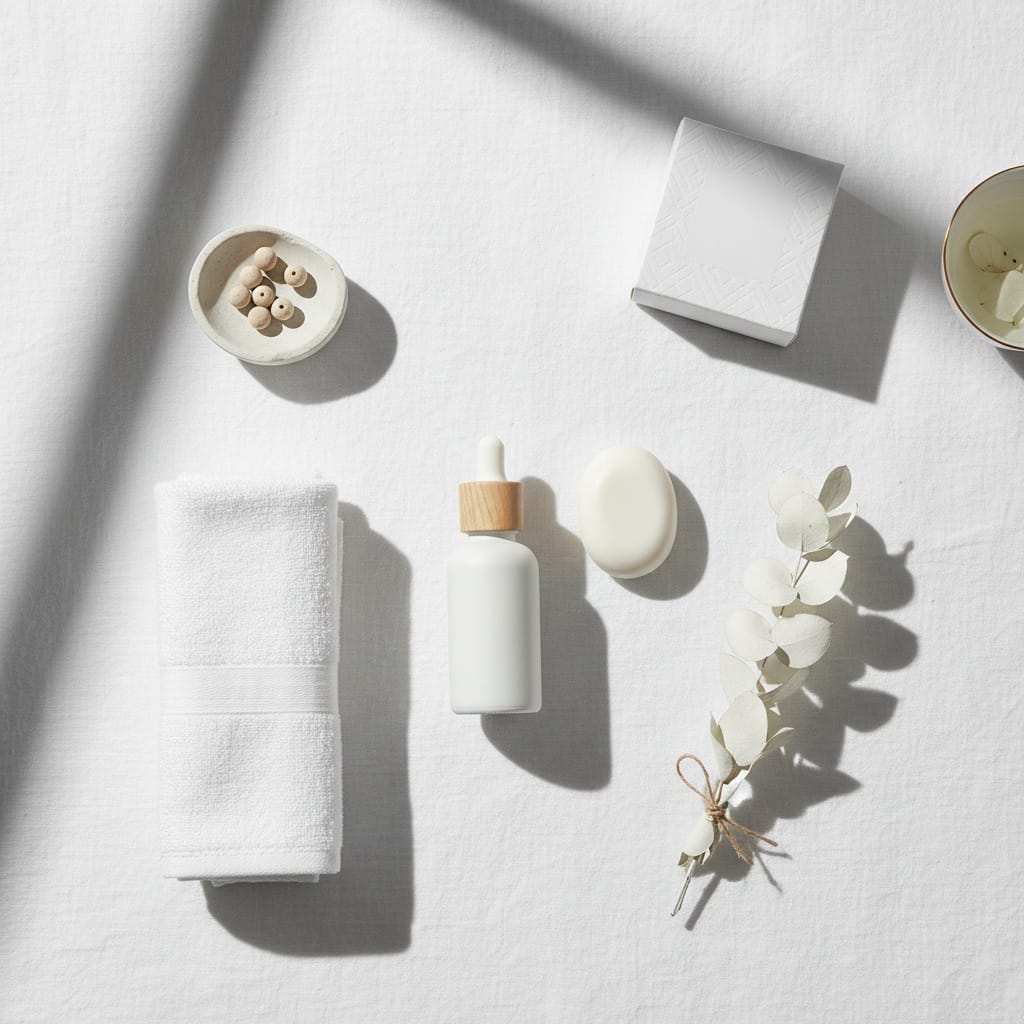 minimal white flatlay 74927117