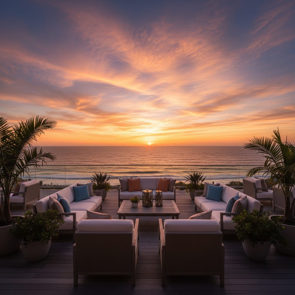 ocean view deck golden hour 56954333