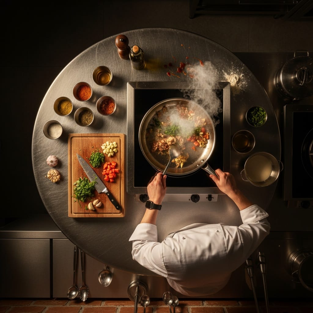 overhead cooking action 53945564