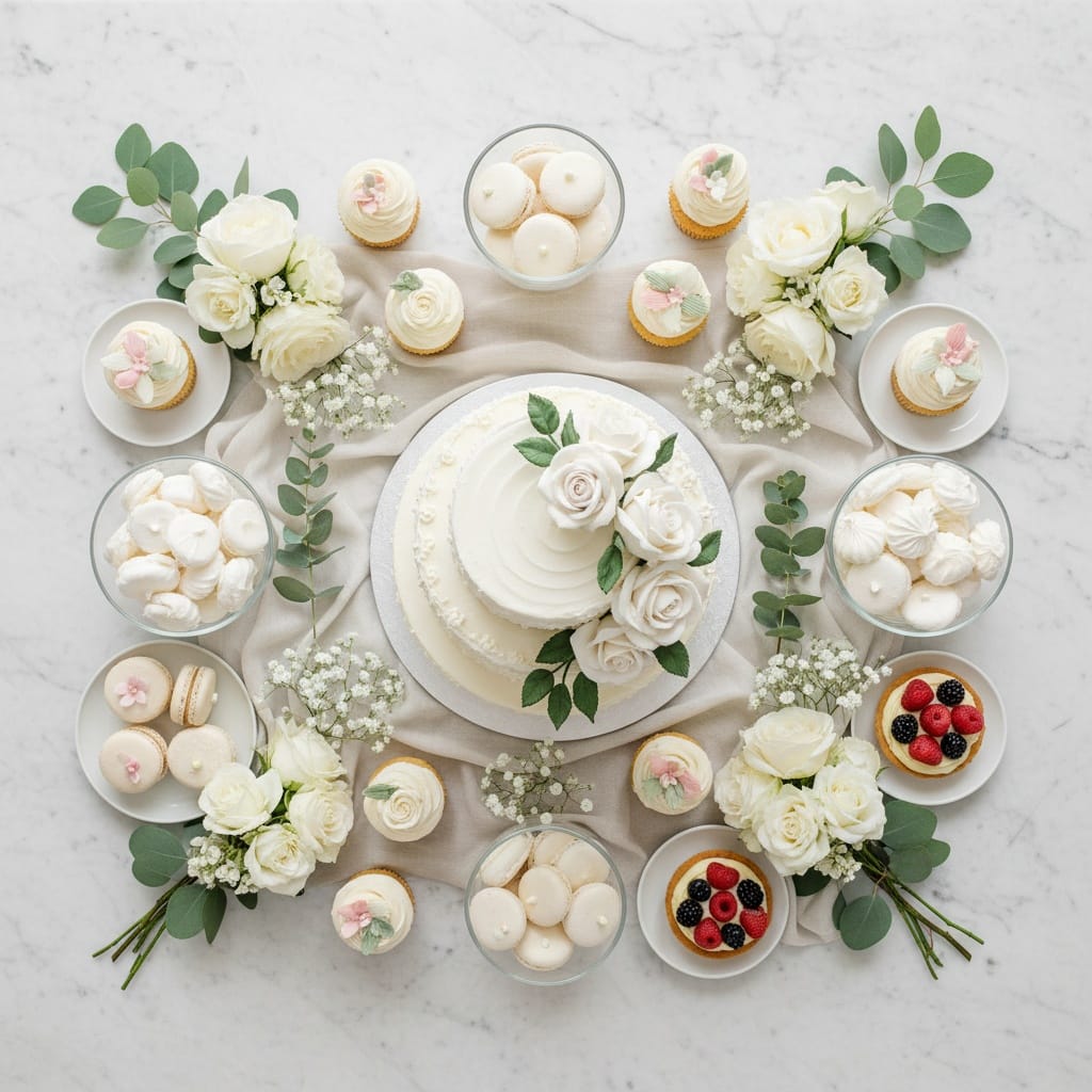 overhead flat lay dessert table 60854667