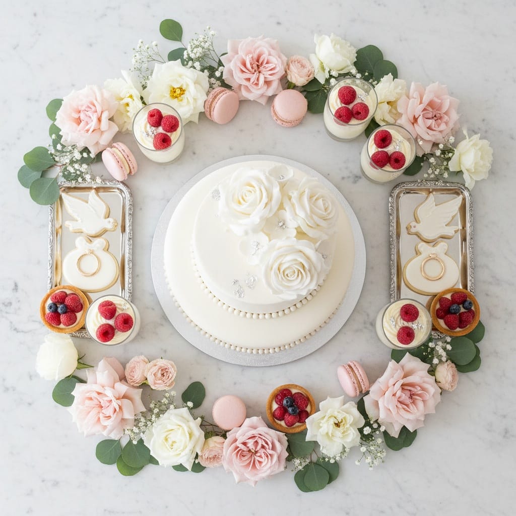 overhead flat lay dessert table 78933332