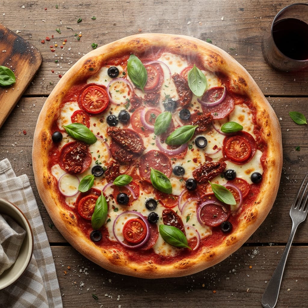 overhead flat lay whole pizza 29510754
