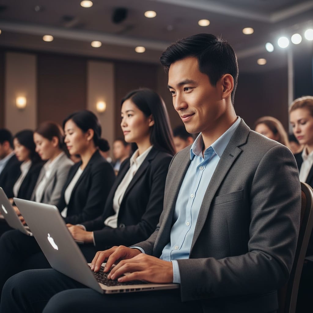 petite asian man audience taking notes 20891729