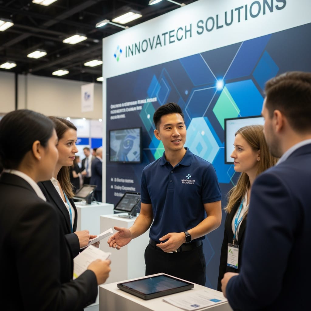 petite asian man booth exhibitor interaction 27877712