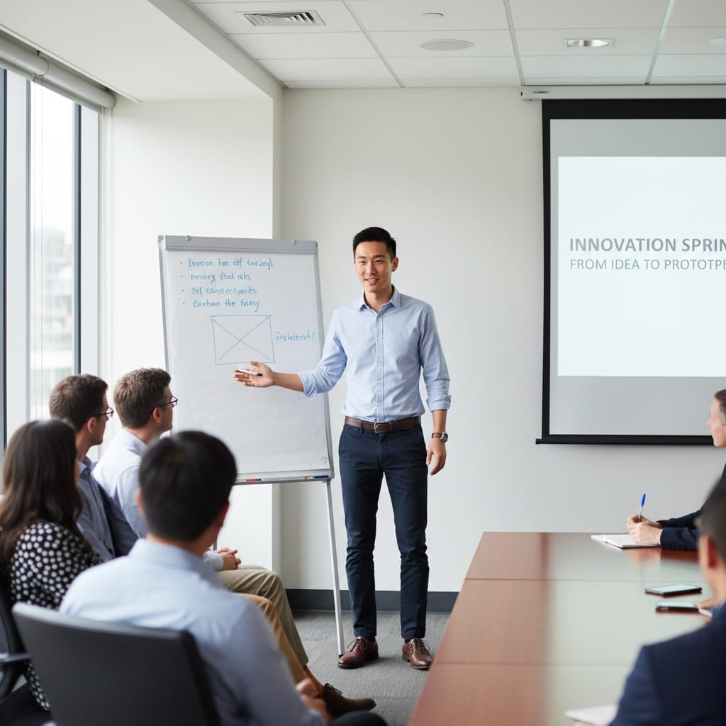 petite asian man breakout session presenting 14676914
