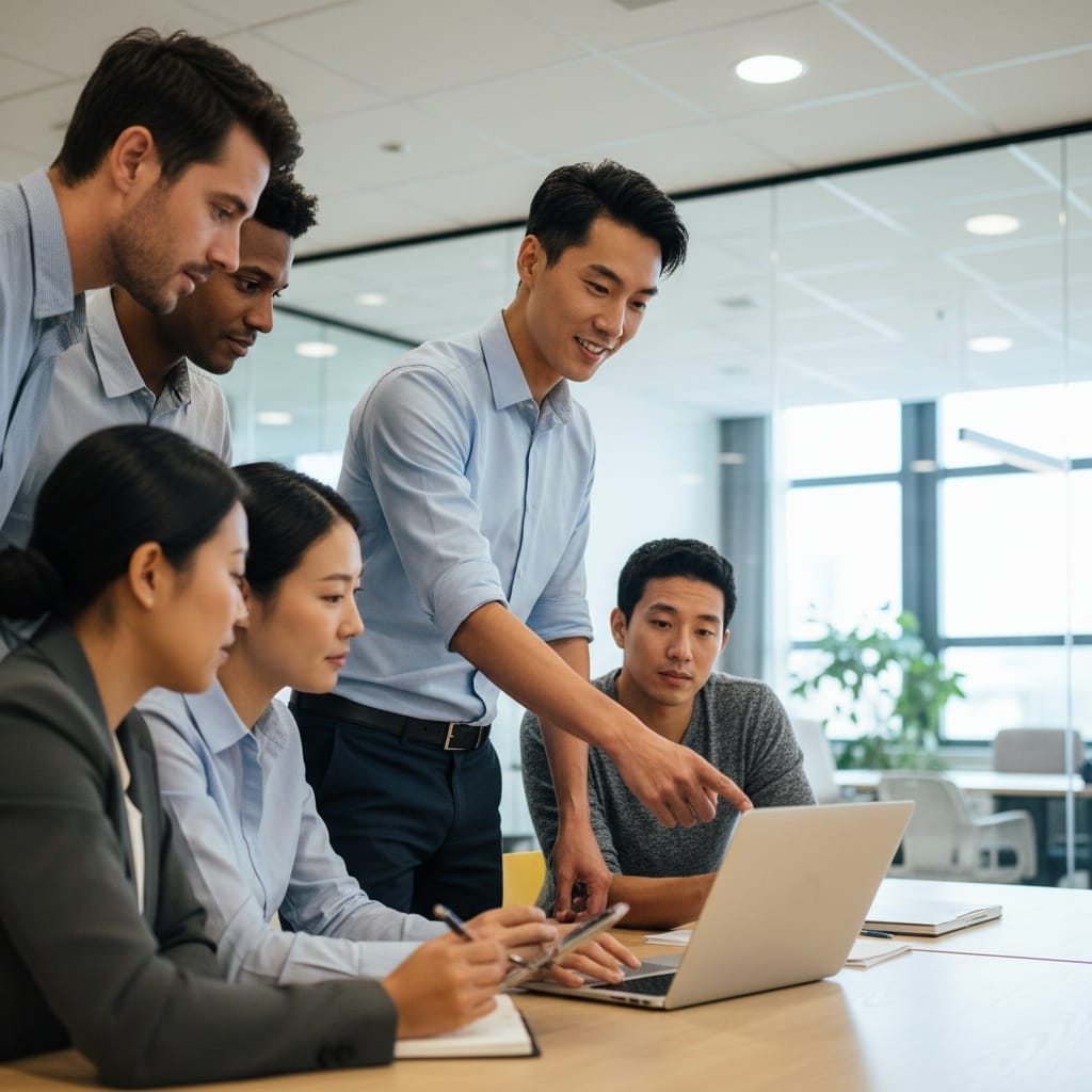 petite asian man laptop presentation demo 54410790