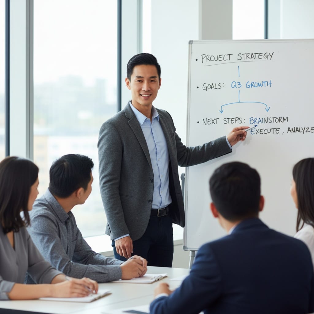 petite asian man leading workshop whiteboard 74657340