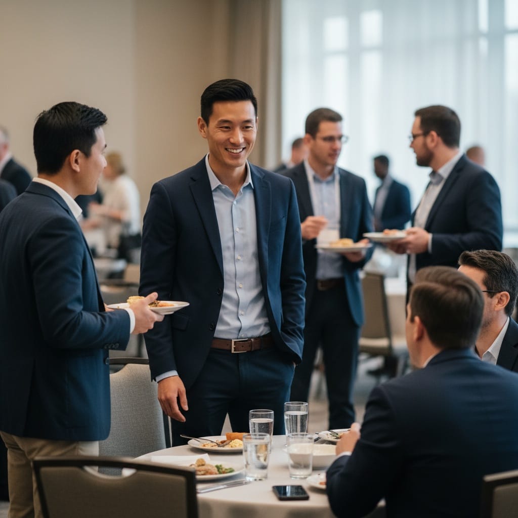 petite asian man lunch networking table 54556414