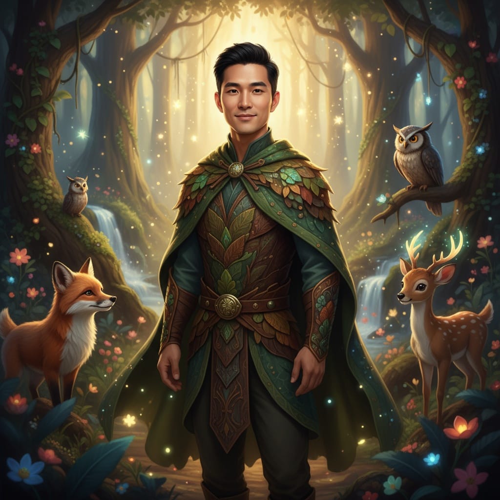 petite asian man magical woodland scene 66771502