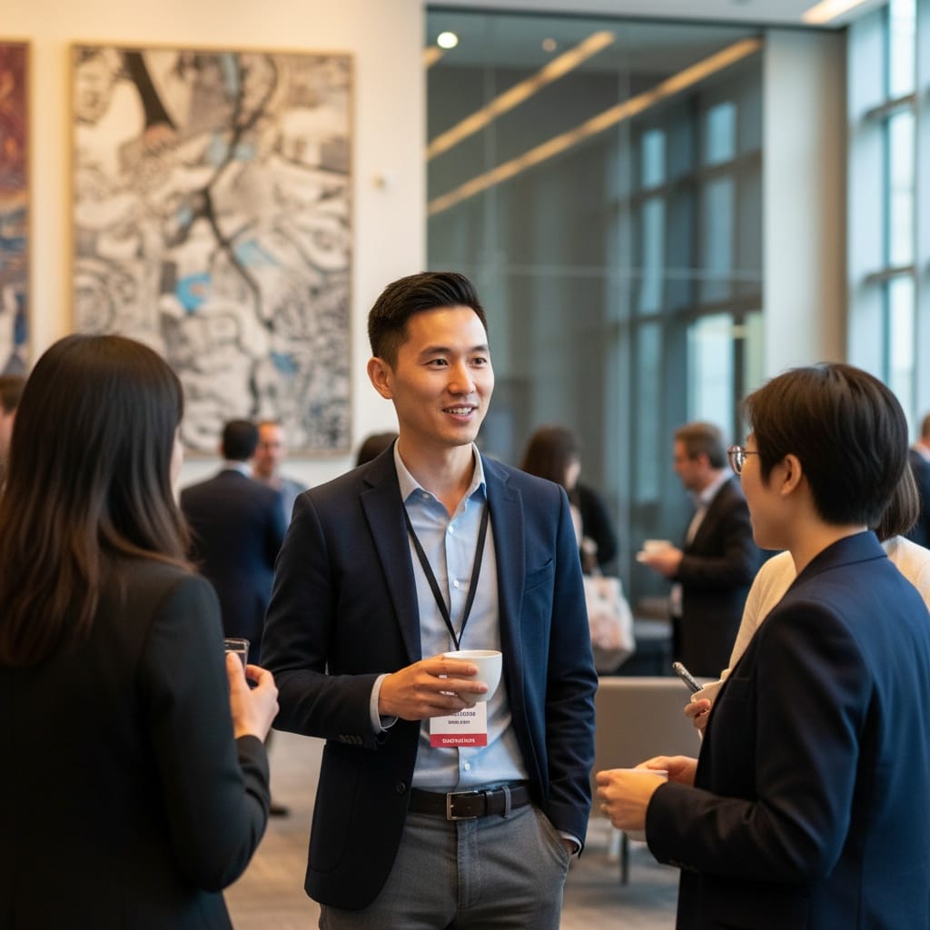 petite asian man networking conversation standing 82788530