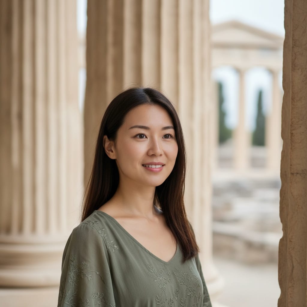 petite asian woman ancient ruins close up 76139696