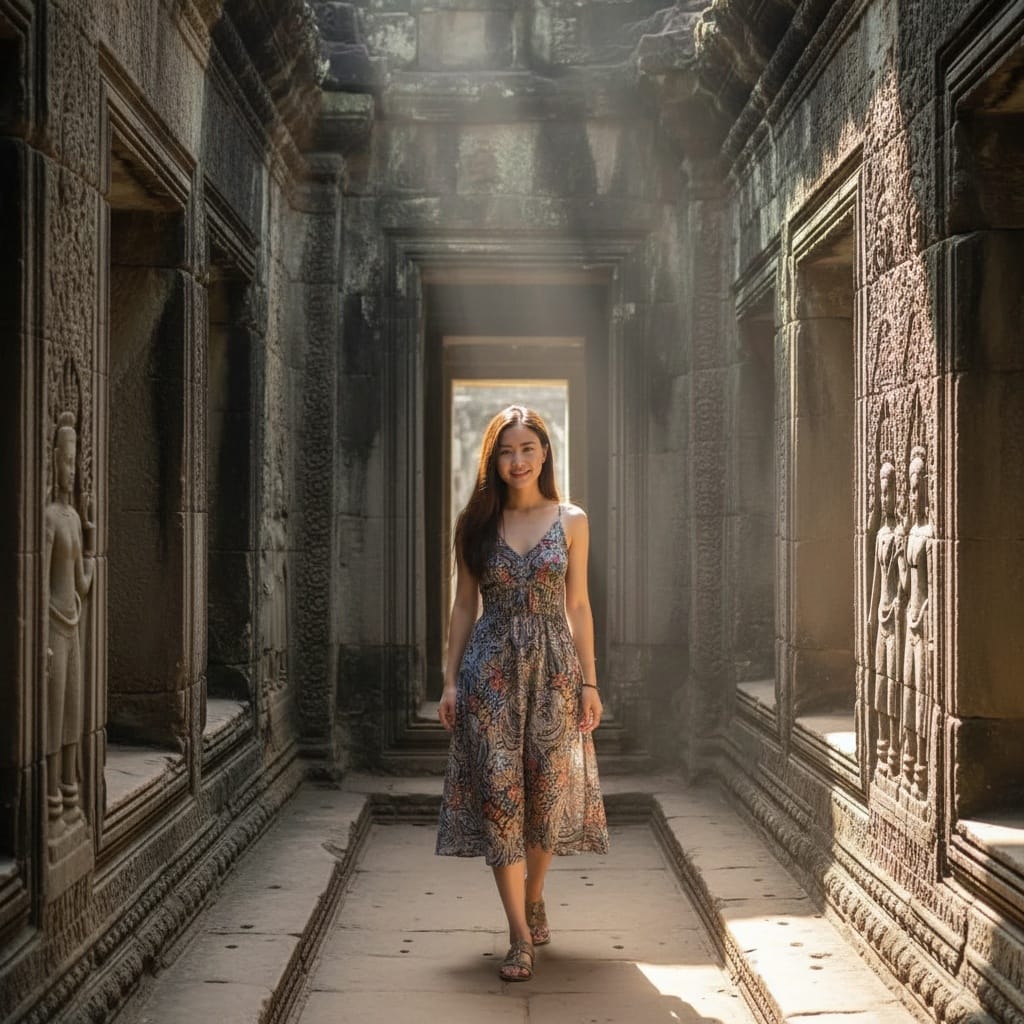 petite asian woman angkor wat temple corridor 18607008