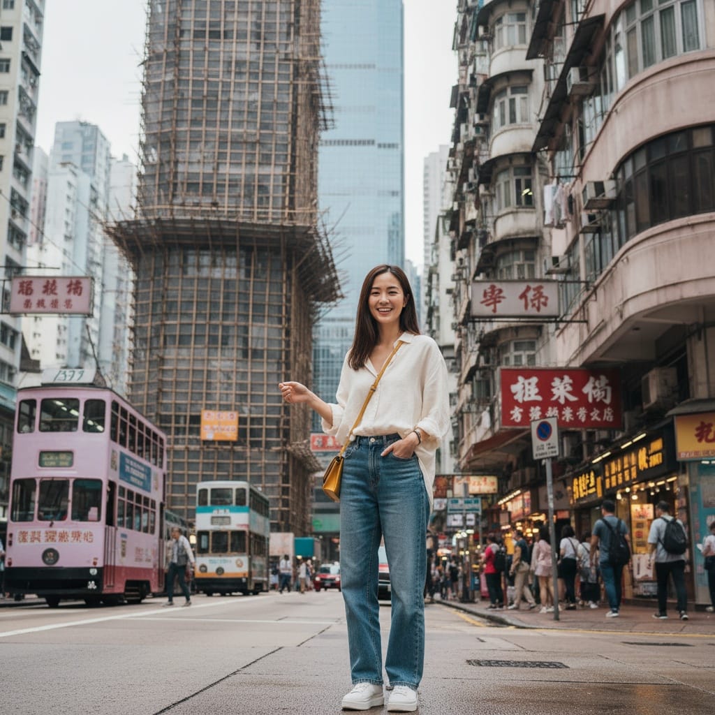 petite asian woman bamboo scaffolding urban 67762606