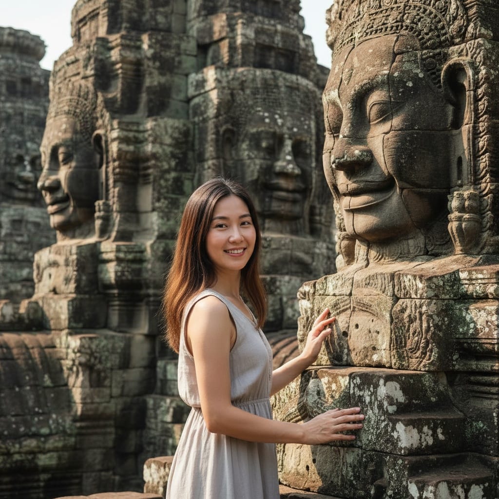 petite asian woman bayon temple stone faces 22731742