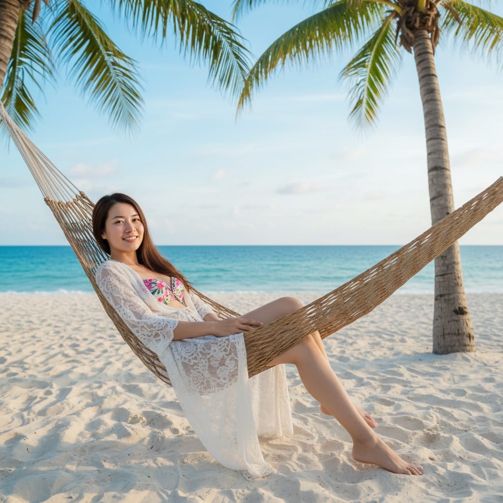petite asian woman beach hammock nha trang 92342568