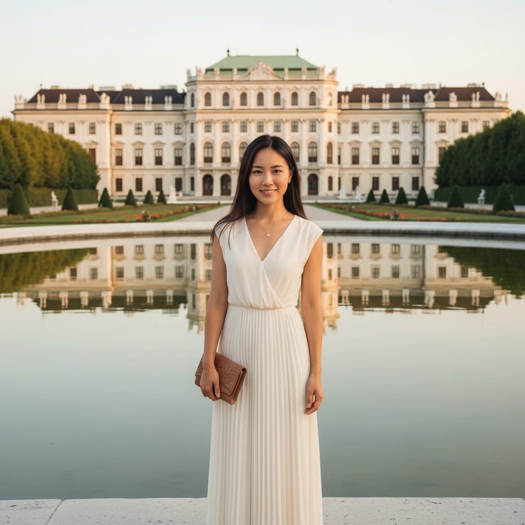 petite asian woman belvedere palace reflection 54799209