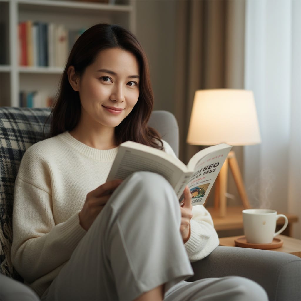 petite asian woman book reading cozy 26861941
