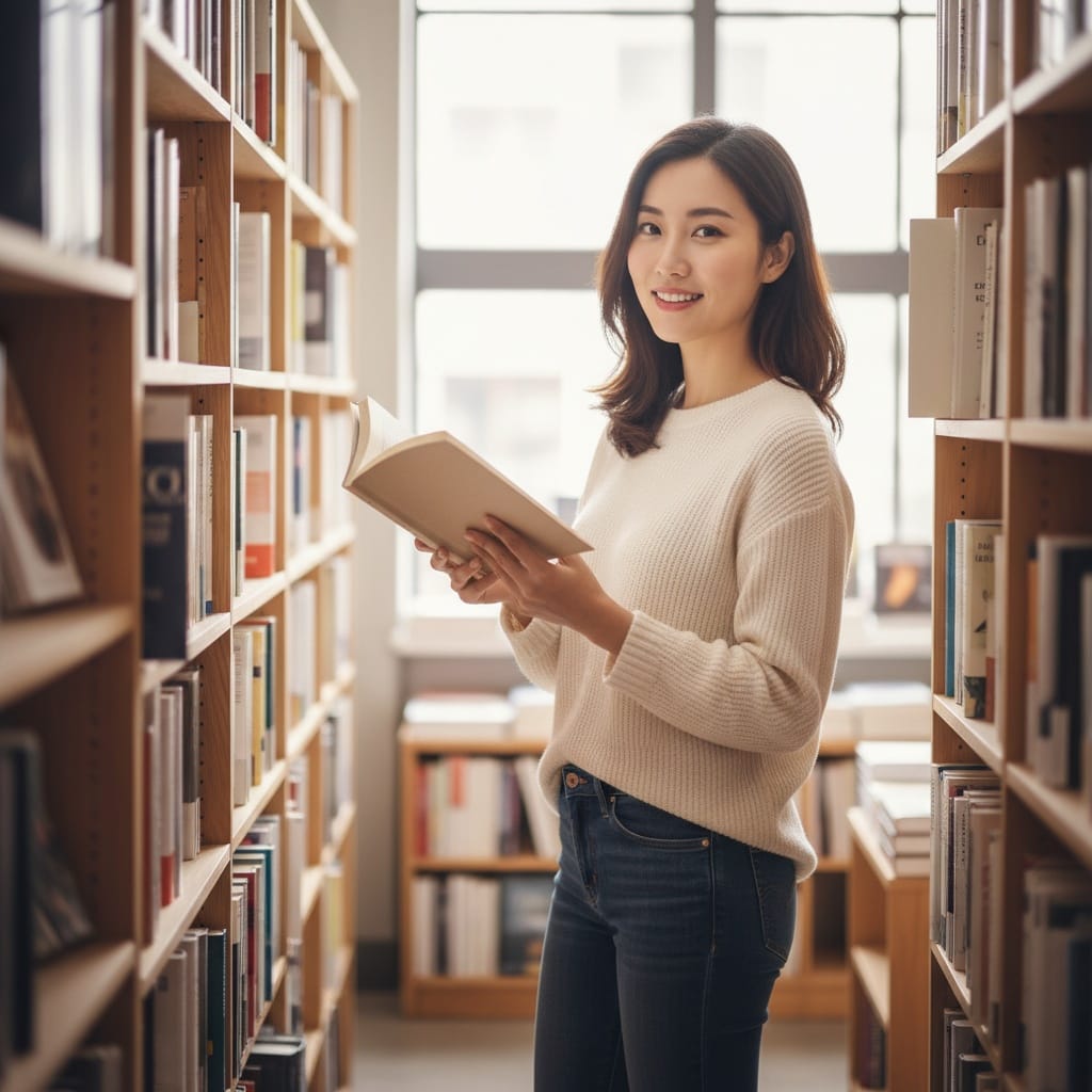 petite asian woman bookstore library intellectual 73212570