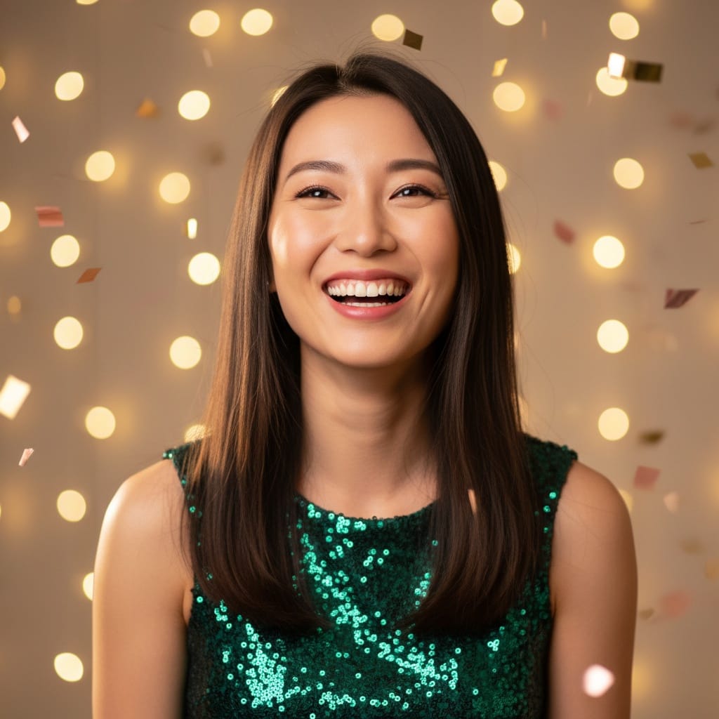 petite asian woman candid celebration moment 94136854