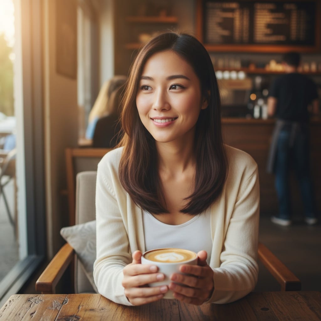 petite asian woman coffee shop casual wholesome 25382394