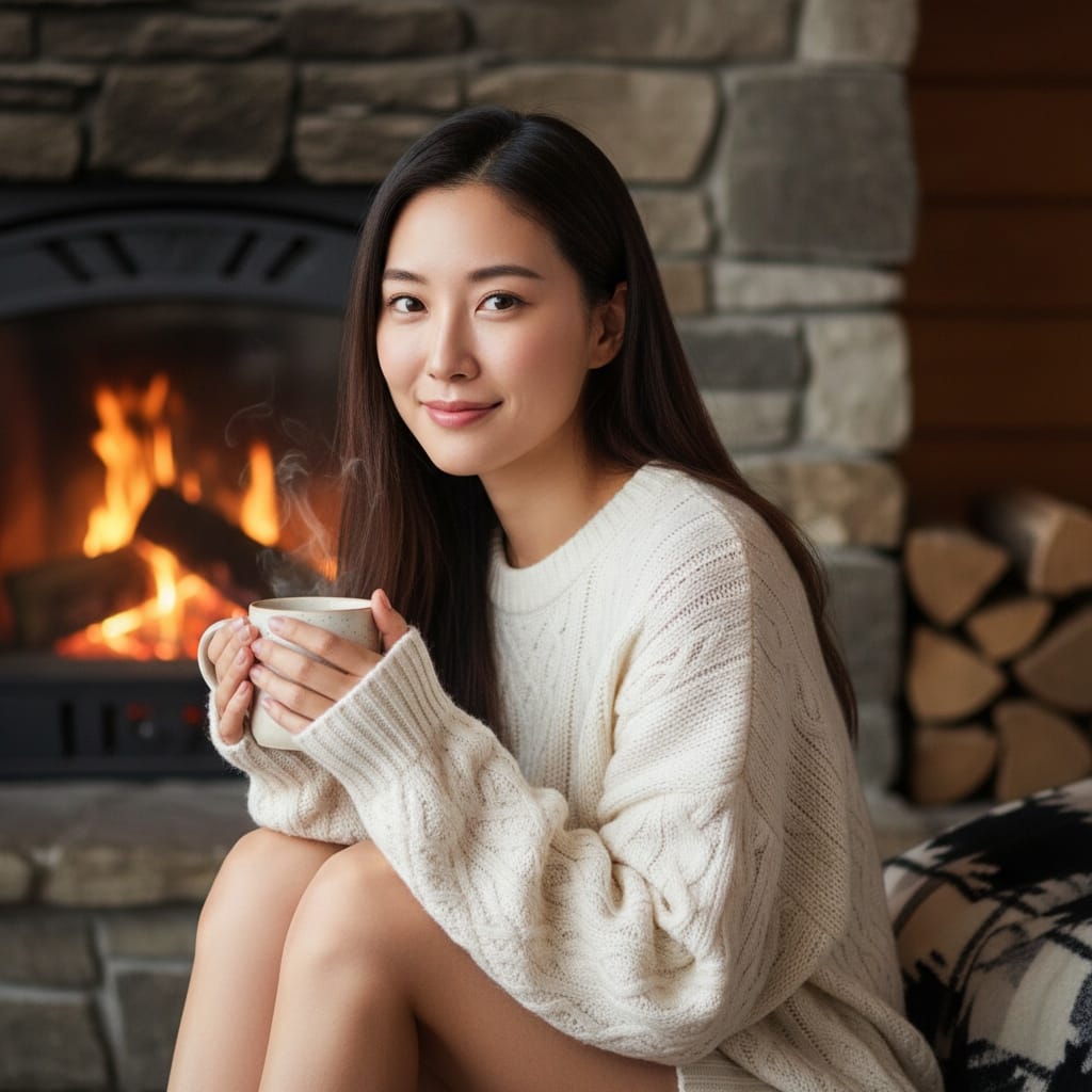 petite asian woman cozy cabin interior 82634660