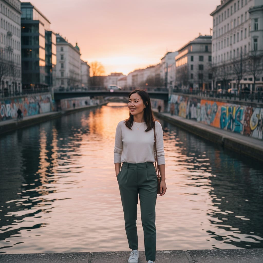 petite asian woman danube canal sunset 51592022