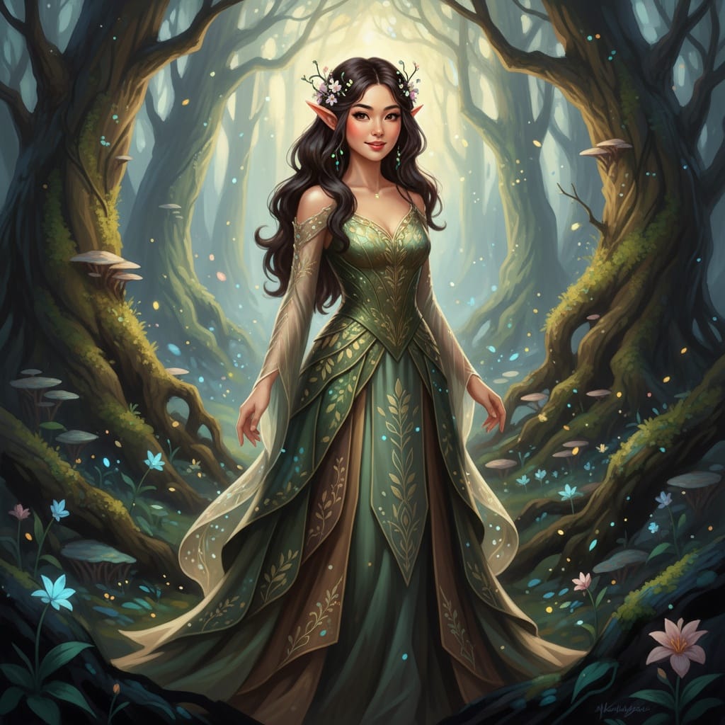 petite asian woman forest guardian portrait 93142468