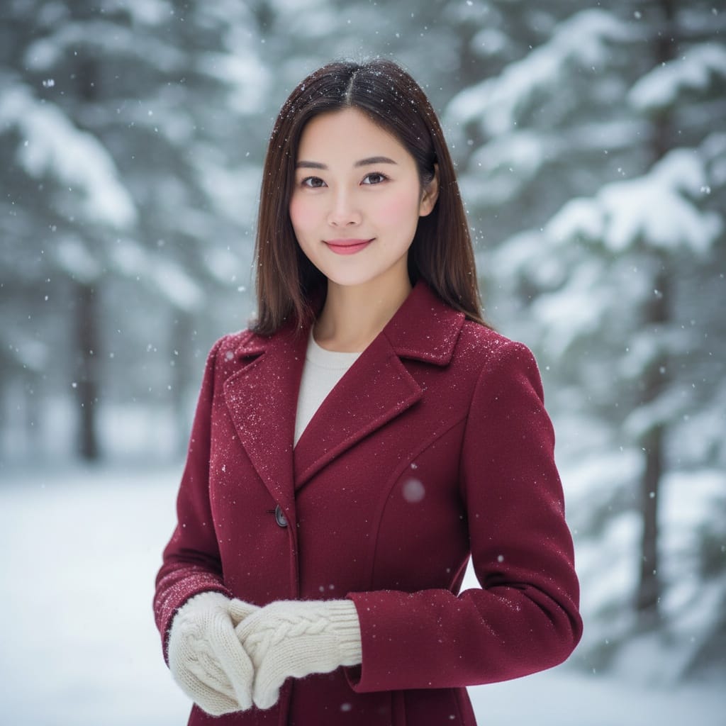 petite asian woman forest snowfall portrait 31277560