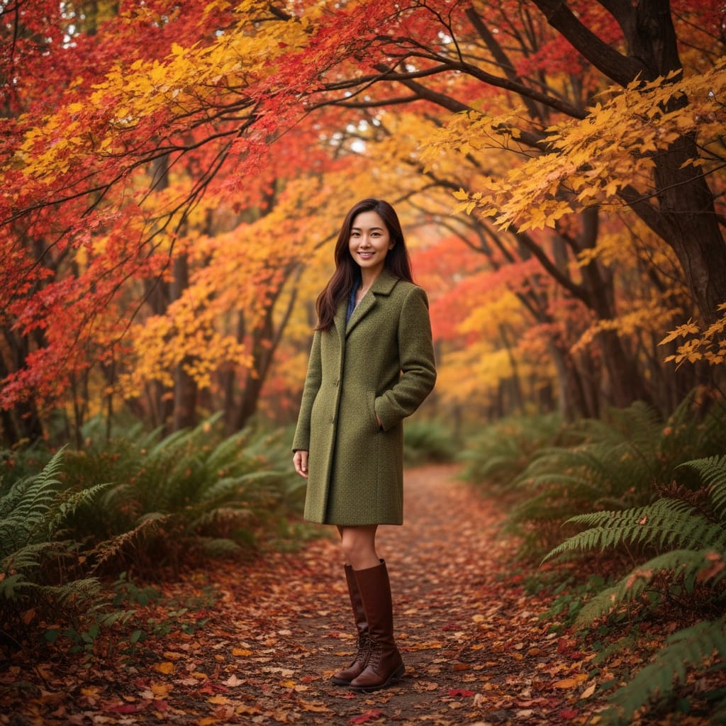 petite asian woman forest trail fall colors 70933226