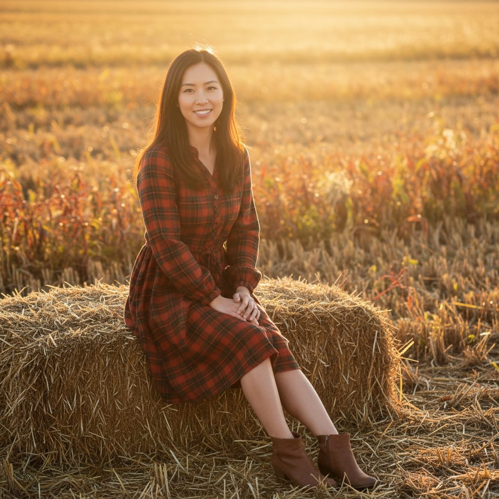 petite asian woman haystack golden hour 84283296