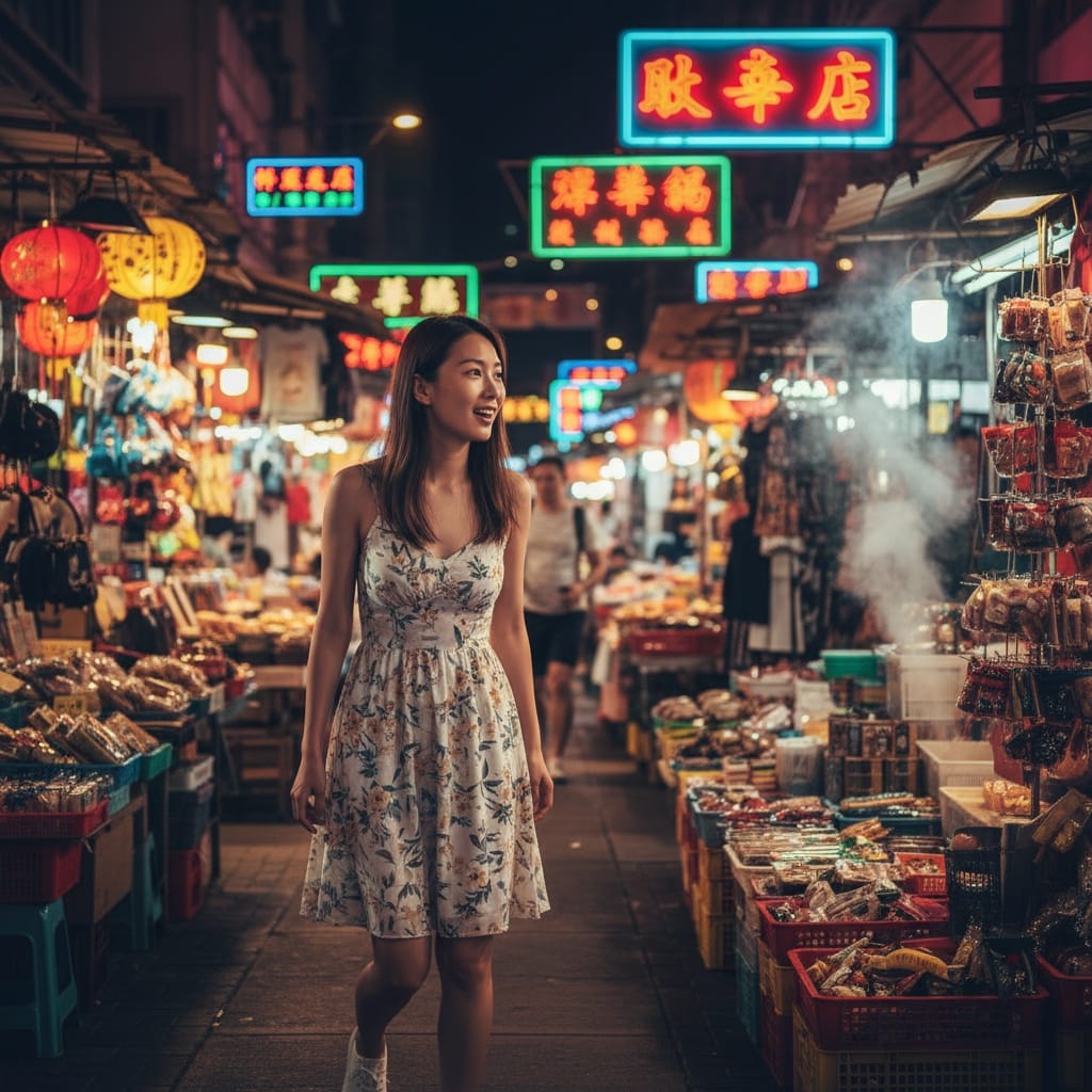 petite asian woman kowloon night markets neon 43456994