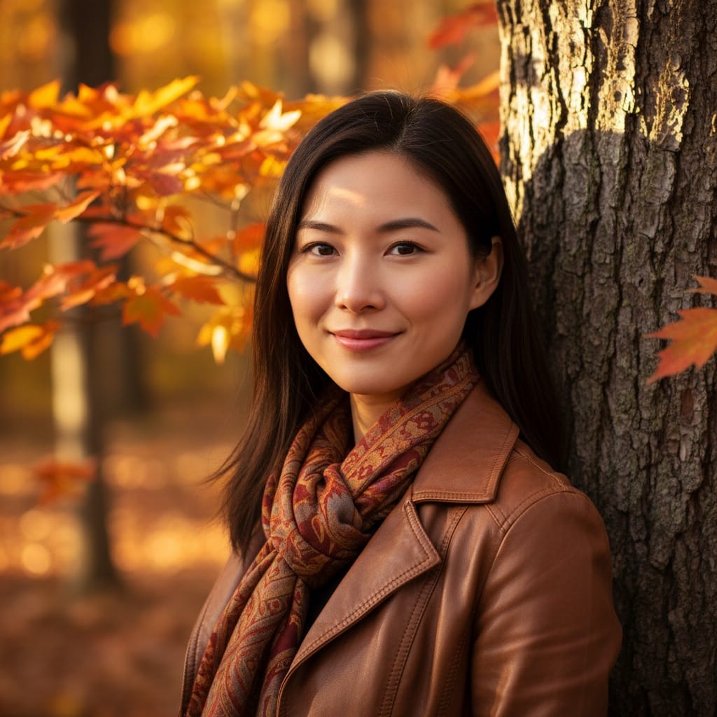 petite asian woman leaning against tree portrait 98673645