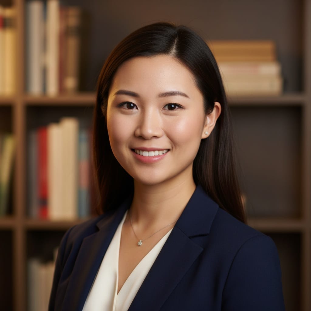petite asian woman library bookshelf background 49848376