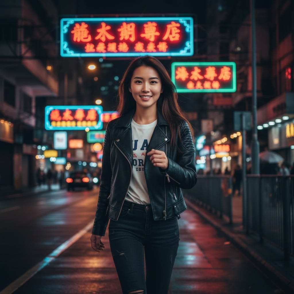 petite asian woman neon street night portrait 81409877