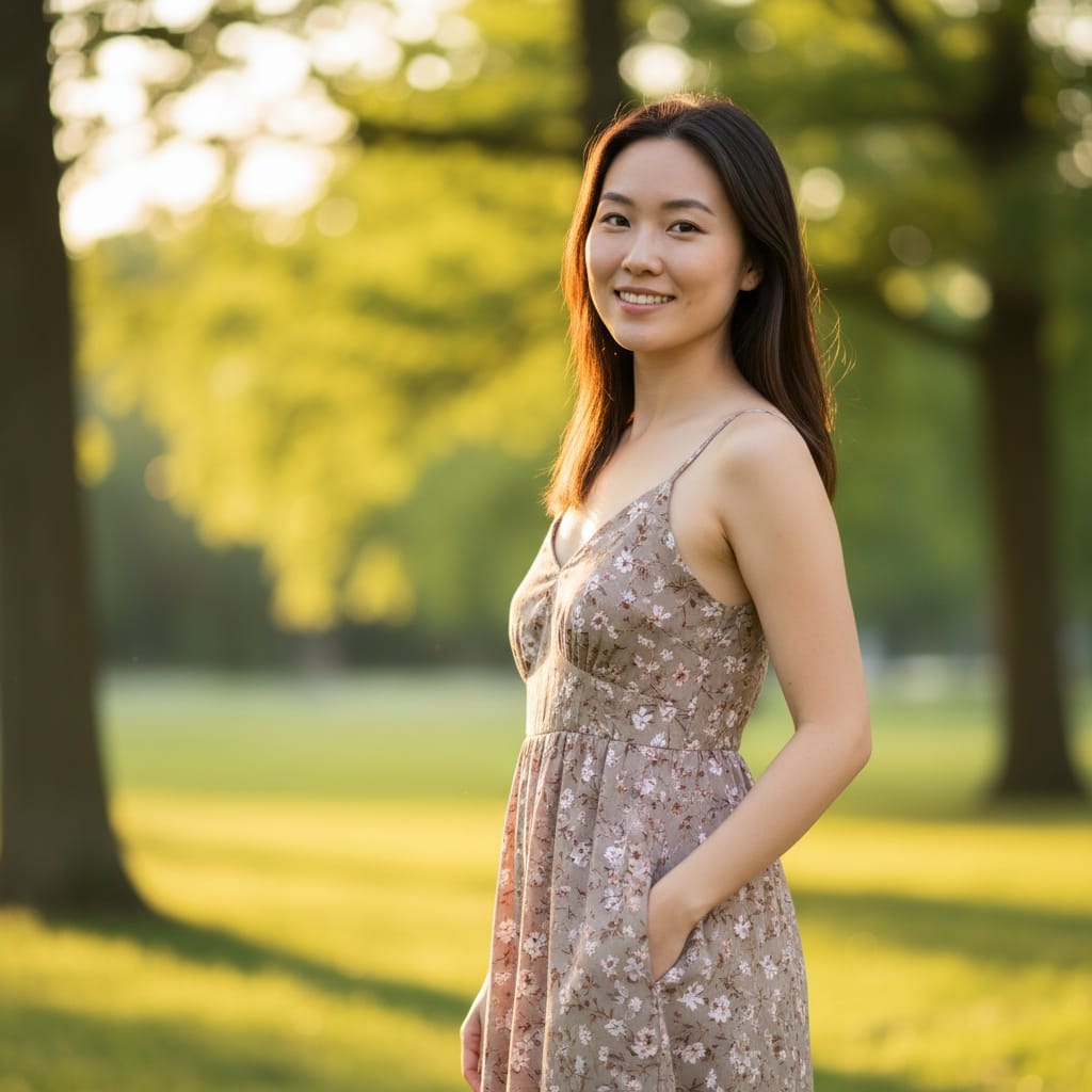 petite asian woman outdoor park natural light 80628342