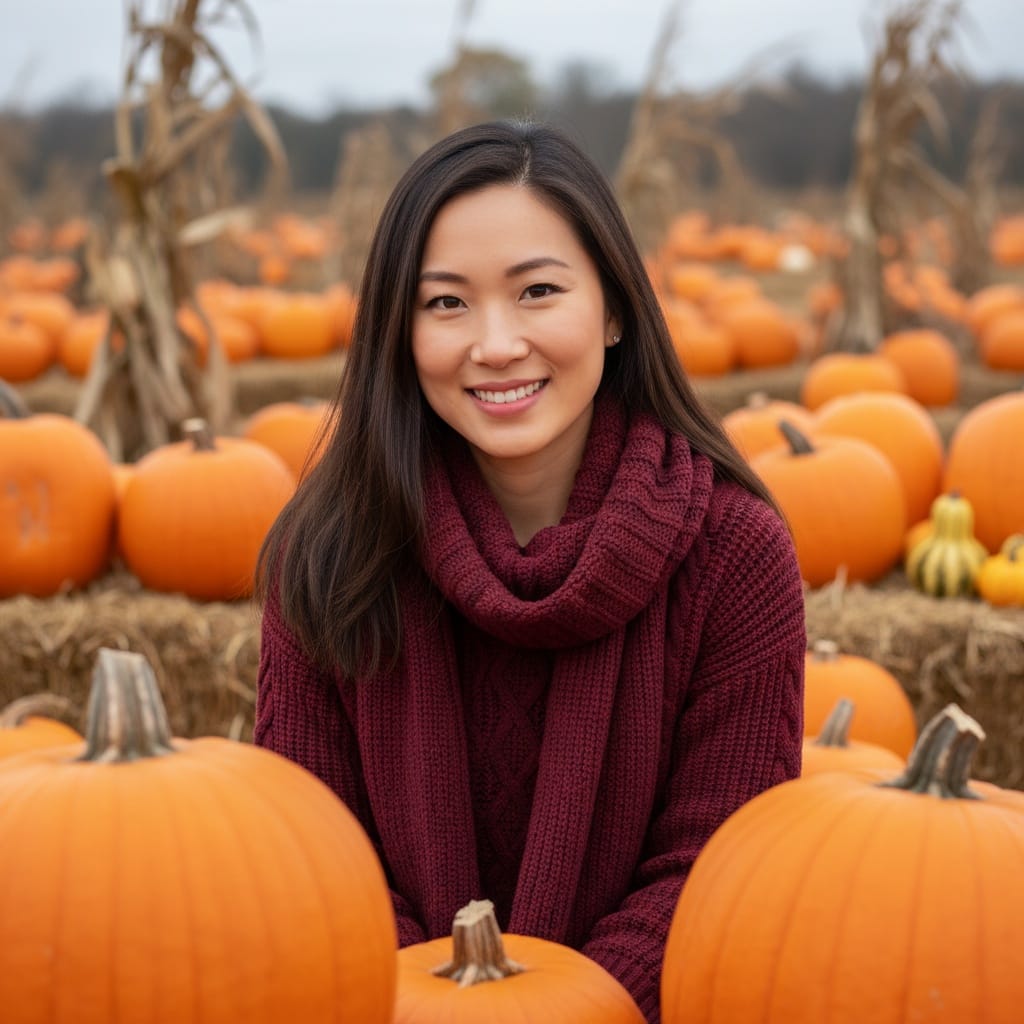 petite asian woman pumpkin patch portrait 41926981