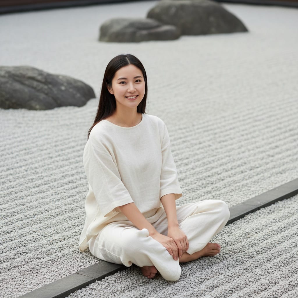 petite asian woman raked gravel garden wide 71707565