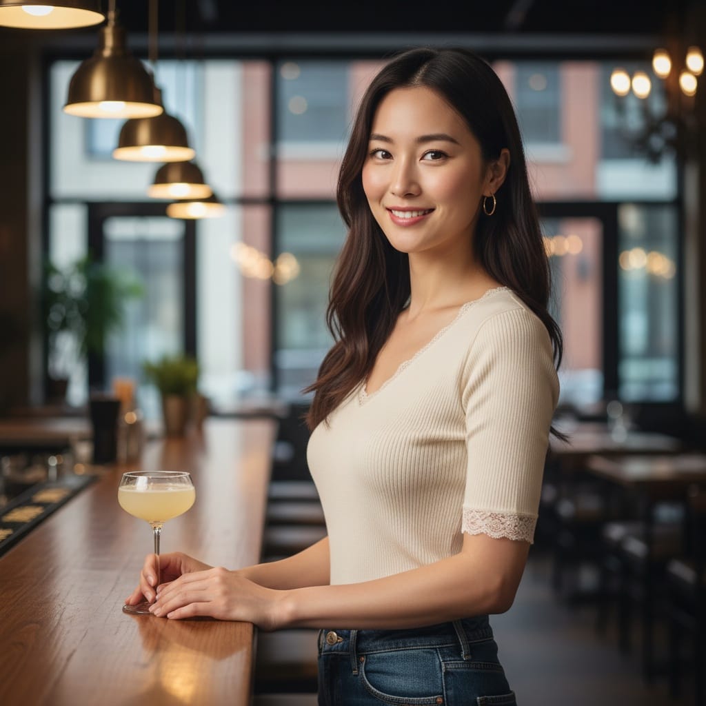 petite asian woman restaurant bar social setting 12195420