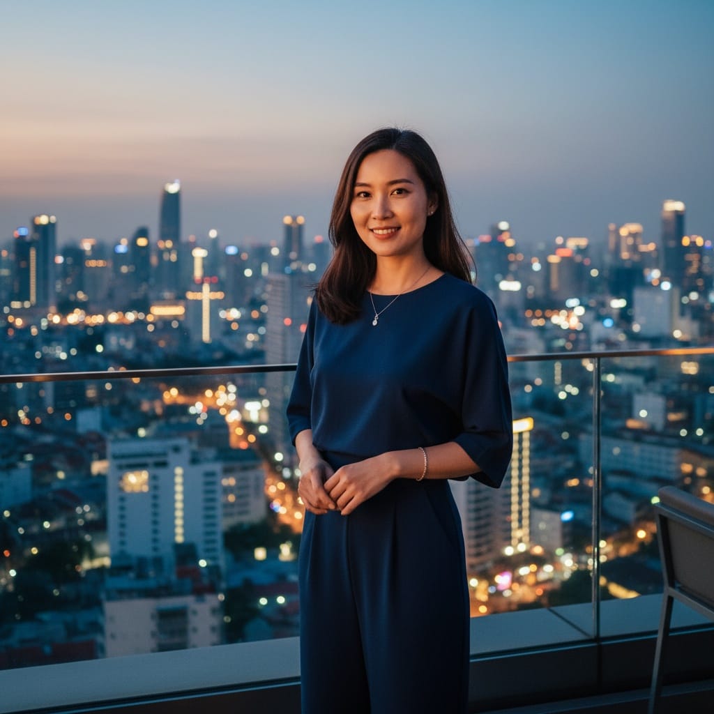 petite asian woman saigon rooftop skyline 80742337