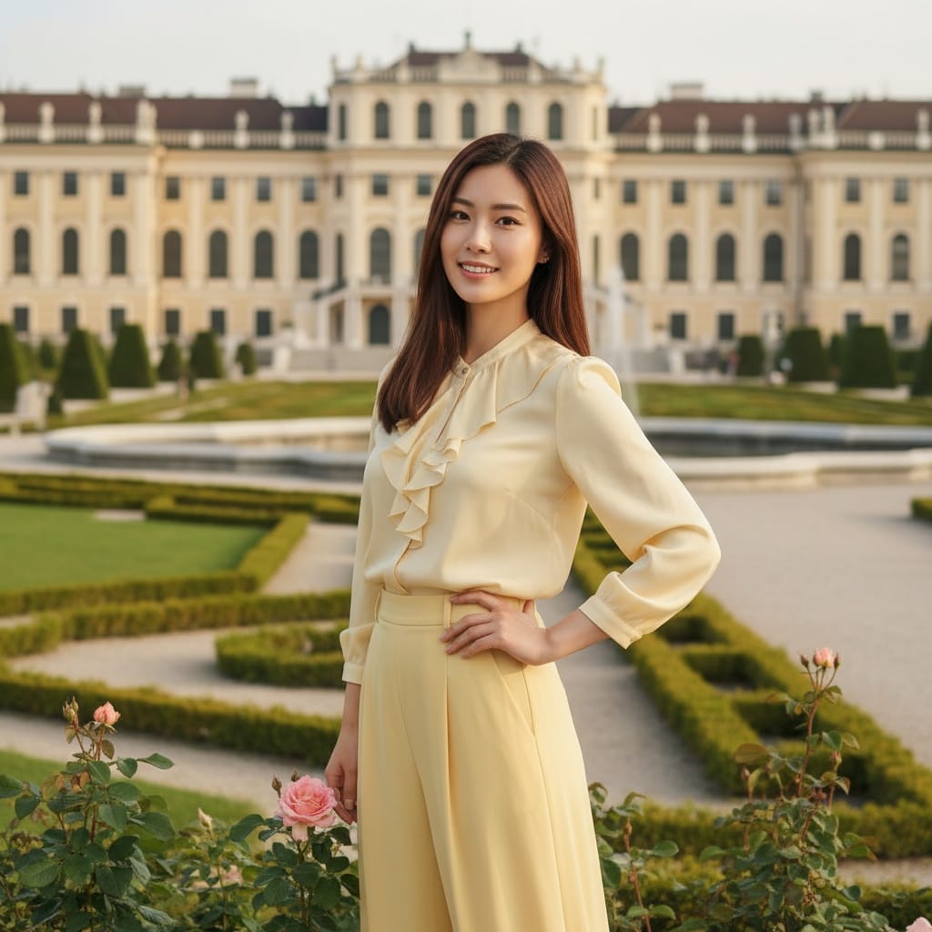 petite asian woman schonbrunn palace gardens 64977290