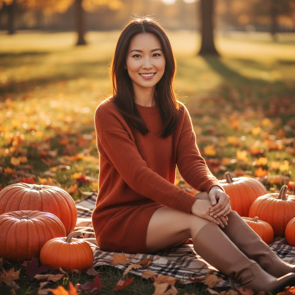 petite asian woman sitting on fall blanket 80714457